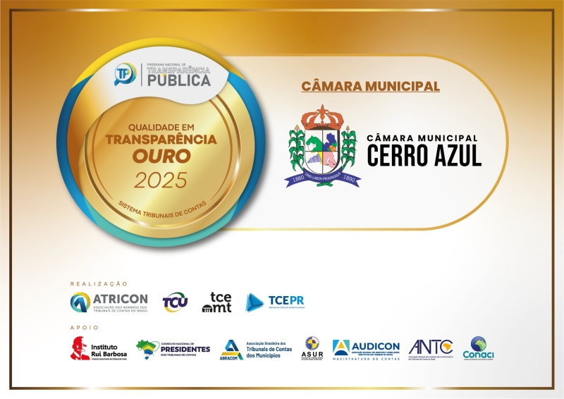 A Câmara Municipal de Cerro Azul recebe certificação ouro em transparência pública.